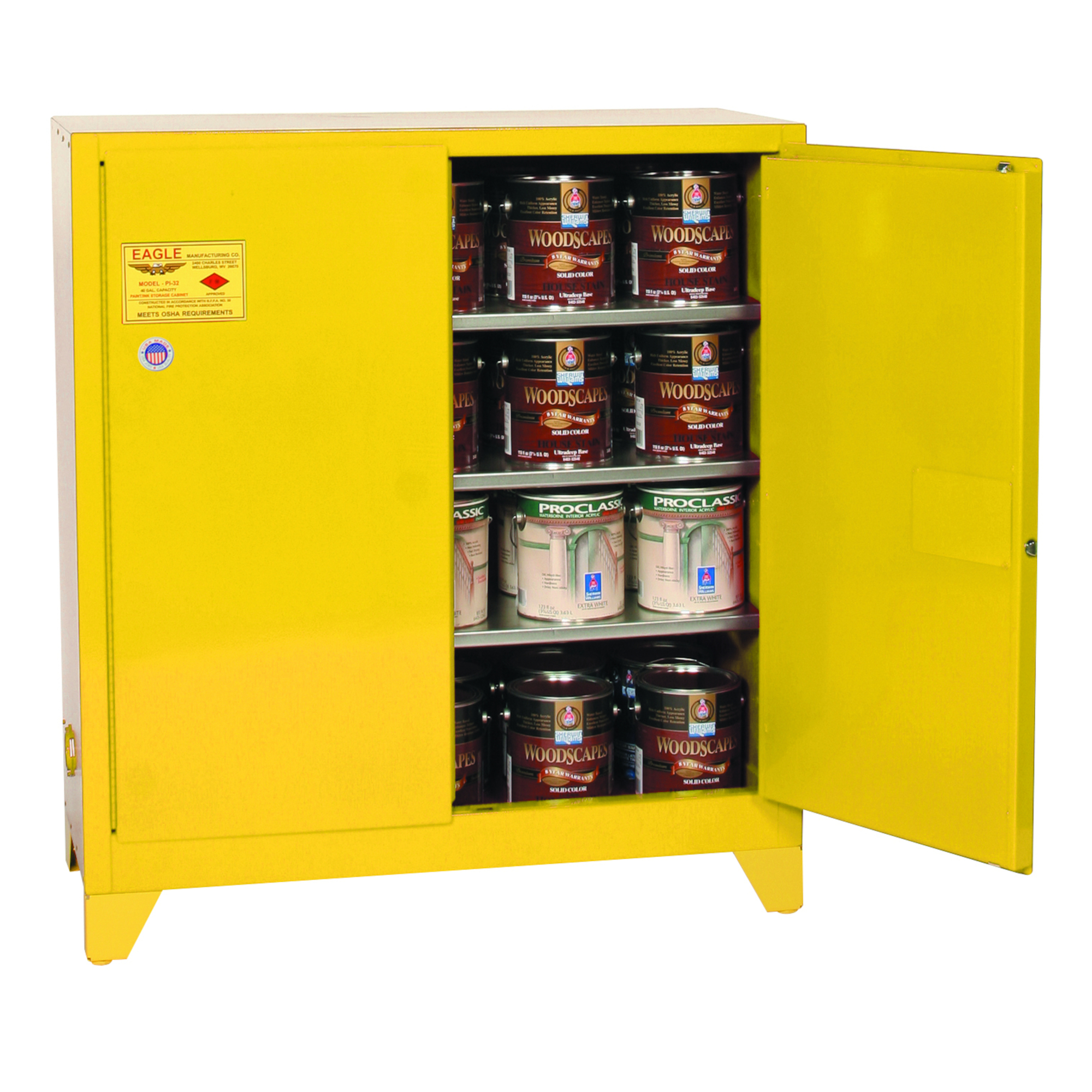 Eagle Paint Safety Cabinet — 40 Gallon, 3 Shelves, 2 Doors, Manual Close, Yellow, Model# YPI32XLEGS
